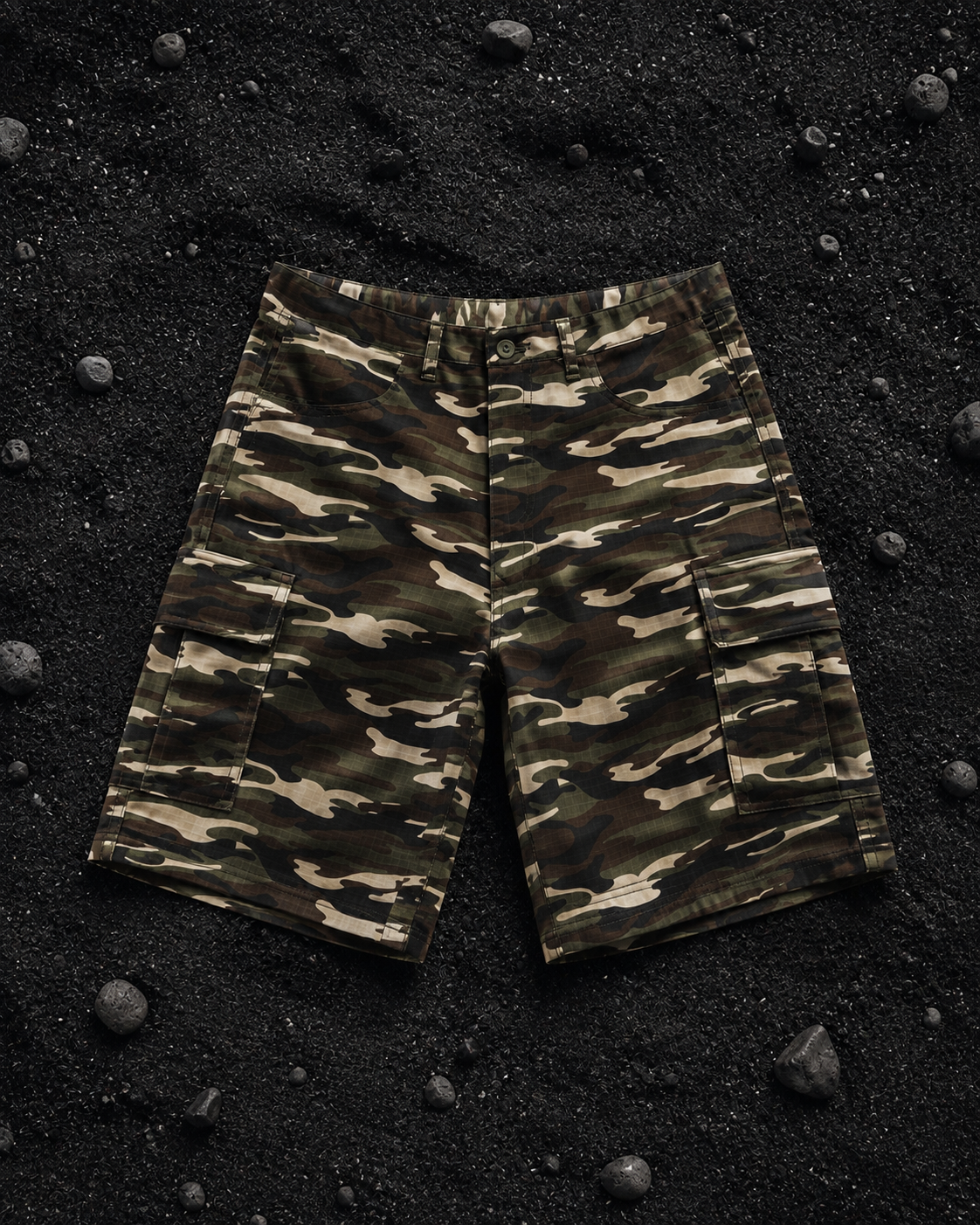 Camo * Black Washed Gabardine Cargo Shorts